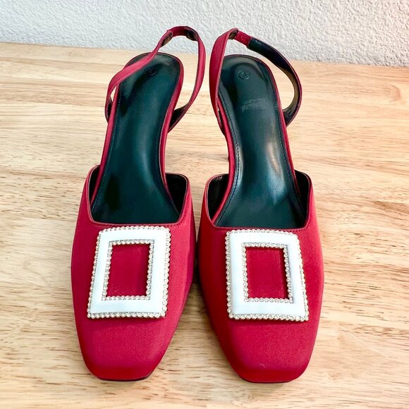 Women's 8US Jewel Tone Red Slingback Square Toe Buckle Embellished Stiletto Heel - Picture 8 of 8